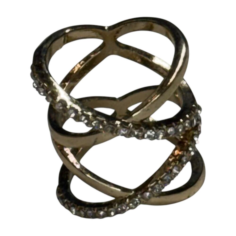 Gold Tone Rhinestone Criss Cross Wide Band Statement Ring Open Lattice 8.5
